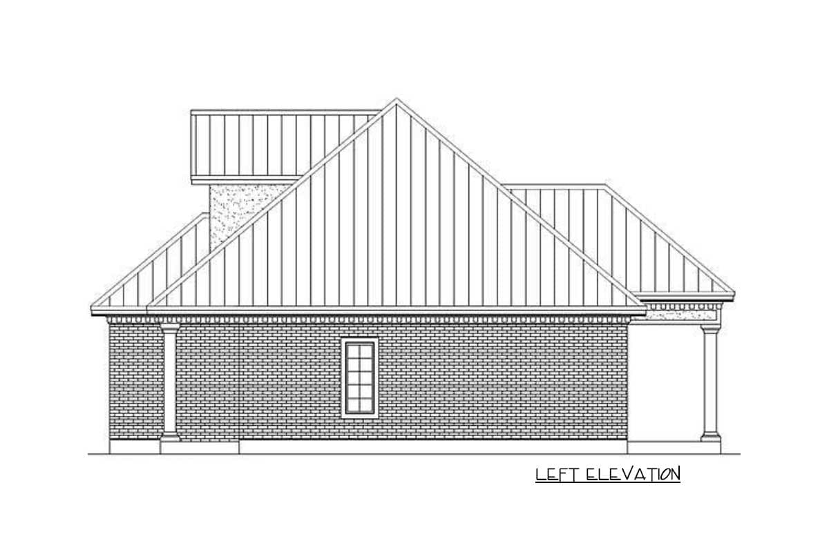 House plan left elevation drawing with brick facade, gabled roof, and prominent chimney stack.