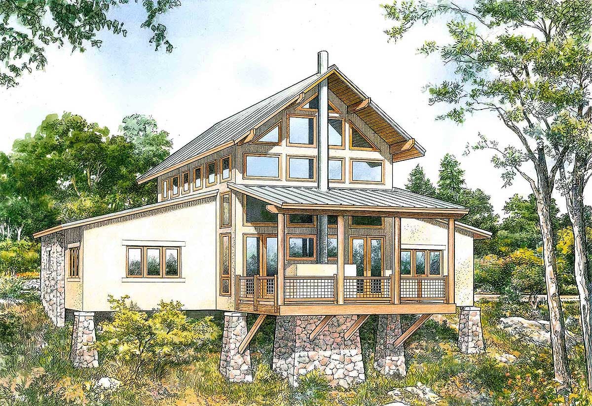 House plan exterior of a two-story modern home on stone piers, featuring a metal roof, large windows, and a covered porch.