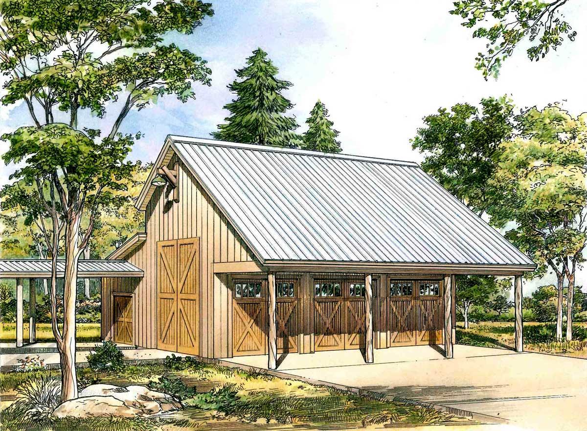House plan exterior: Vernacular style, one story, metal roof, three garage doors, covered porch, wood siding.