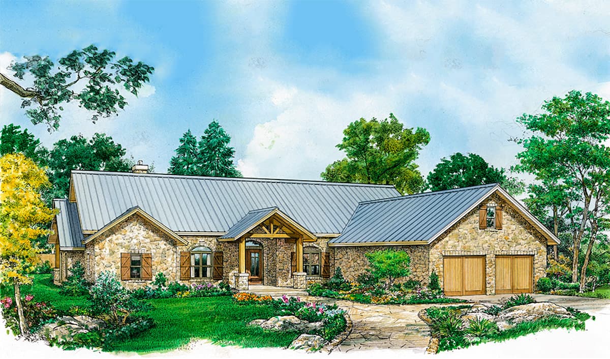 House plan exterior: Stone ranch home with metal roof, exposed beam entryway, and attached two-car garage.