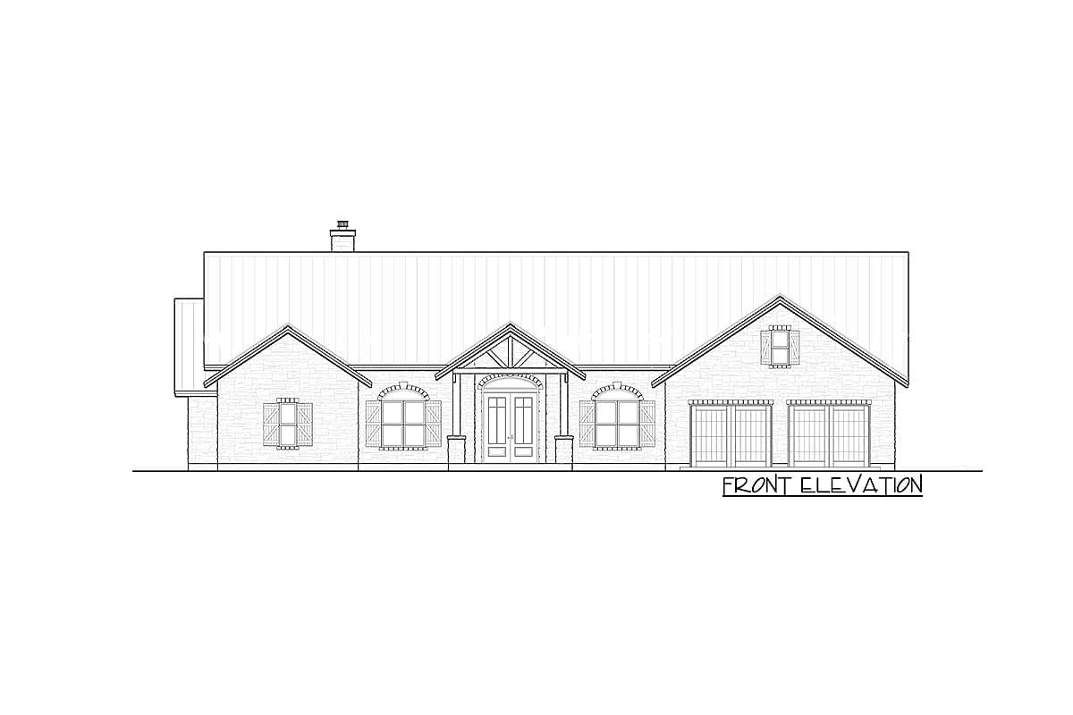 Front elevation house plan with brick exterior, gable roof, covered entry with double doors, multiple windows, and double garage doors.