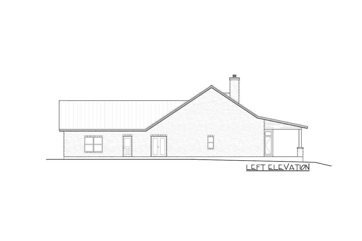 House plan left elevation showing a single-story structure with a pitched roof, dormer, and covered porch.