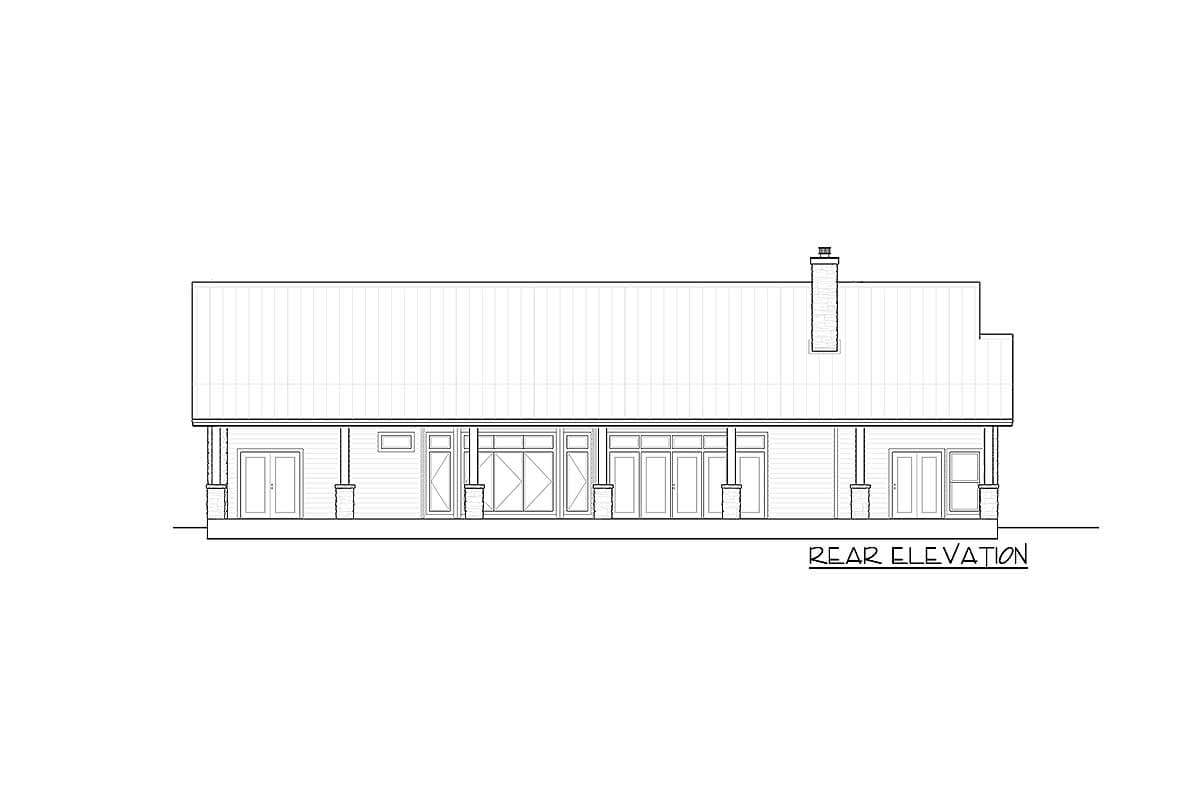 Rear elevation drawing of a house plan with a covered porch, multiple doors, and a tall chimney.