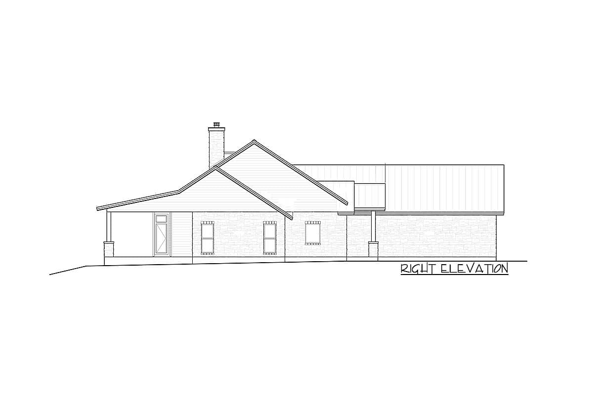 Right elevation of a one-story house plan showing a covered porch, chimney, and stone exterior accents.