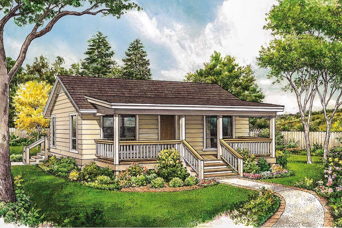 House plan exterior: A one-story cottage with a gable roof, wrap-around porch with railing, and dual front entrances.