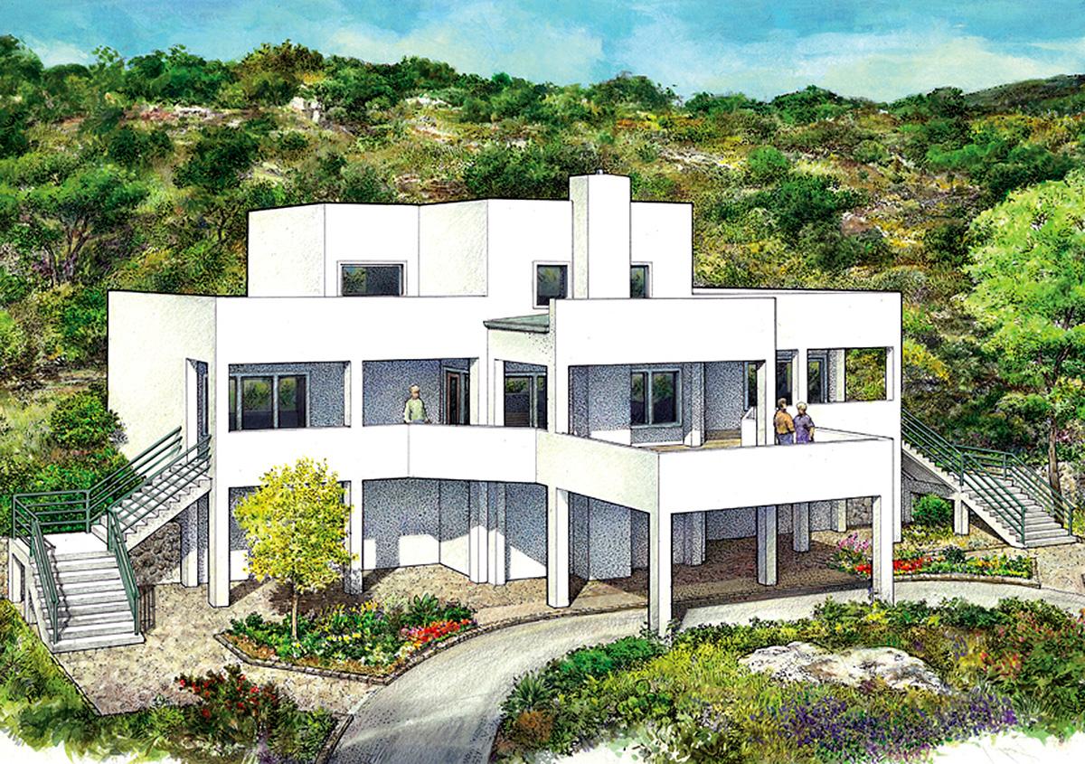 Modern house plan exterior with flat roofs, cantilevered balconies, numerous windows, and exterior staircases.