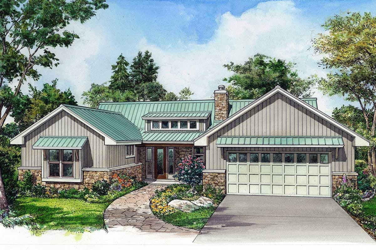 House plan exterior: One-story Modern Farmhouse with metal roof, stone base, gable dormer and attached garage.