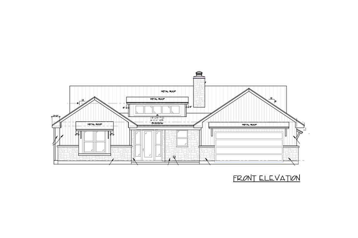 Front elevation drawing of a house with a gable roof, stone base, dormer, and two-car garage.