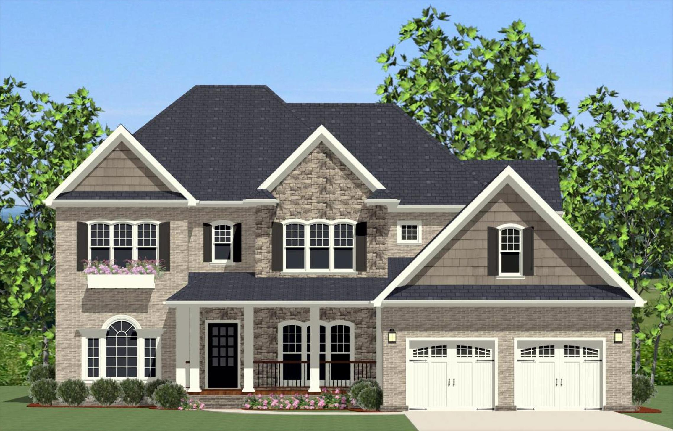 Two-story house plan exterior with stone accents, gabled dormers, covered front porch, and a three-car garage.