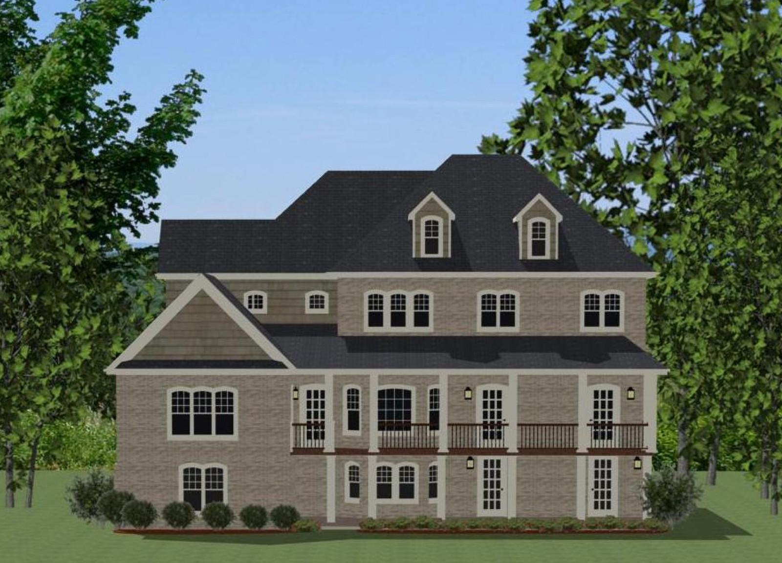 House plan exterior: three-story, brick facade with multiple gables, dormers, and a wraparound balcony.