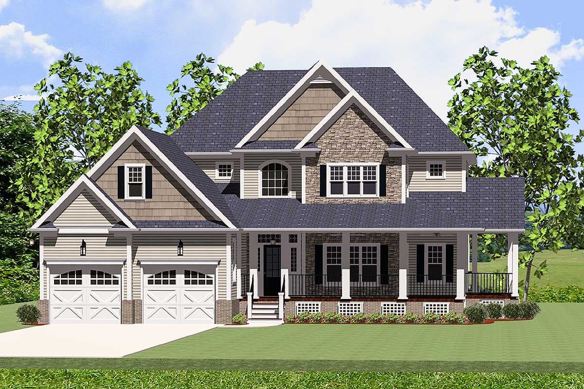 House plan exterior of a two-story home featuring a wrap-around porch, stone and shingle accents, and a side-entry three-car garage.