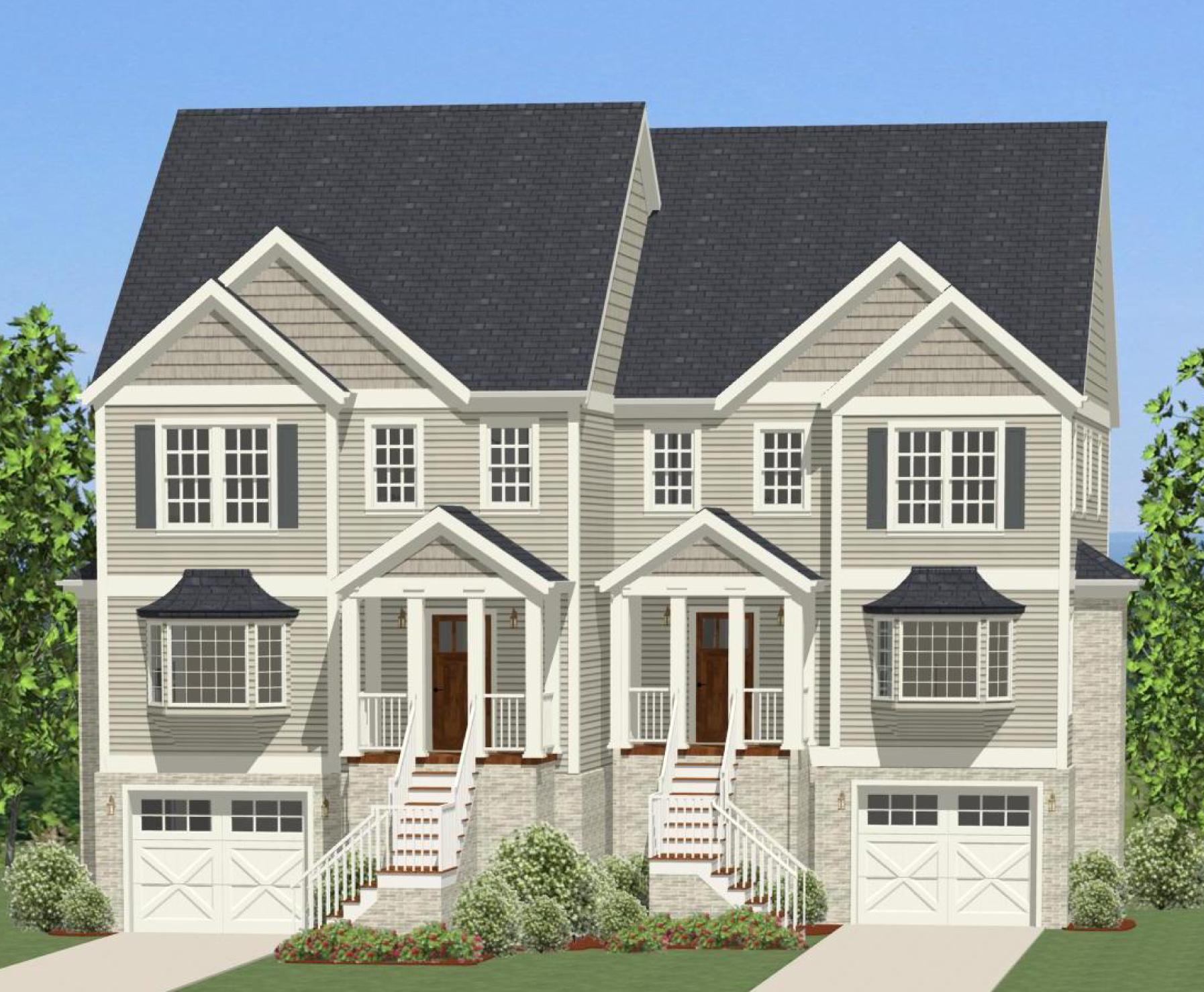 House plan exterior: two-story duplex with front-facing garages, bay windows, and covered front entry porches.