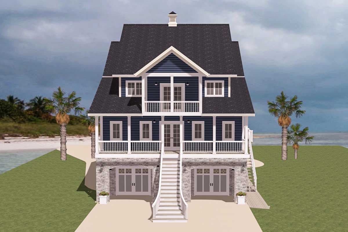 House plan exterior. Two-story home with a gabled roof, two balconies, and a garage on the ground level. Features include white trim and blue siding.