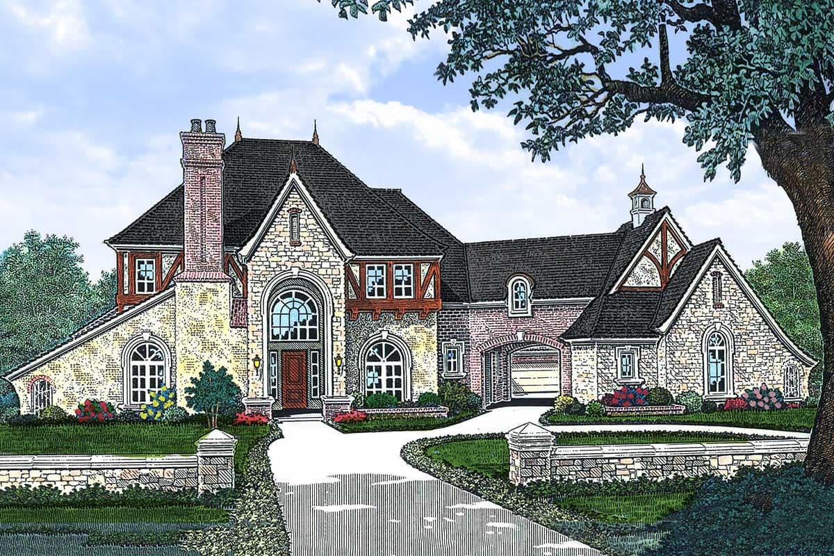 House plan exterior: European style two-story home with stone and brick facade, arched entryway, large gables, and attached garage.