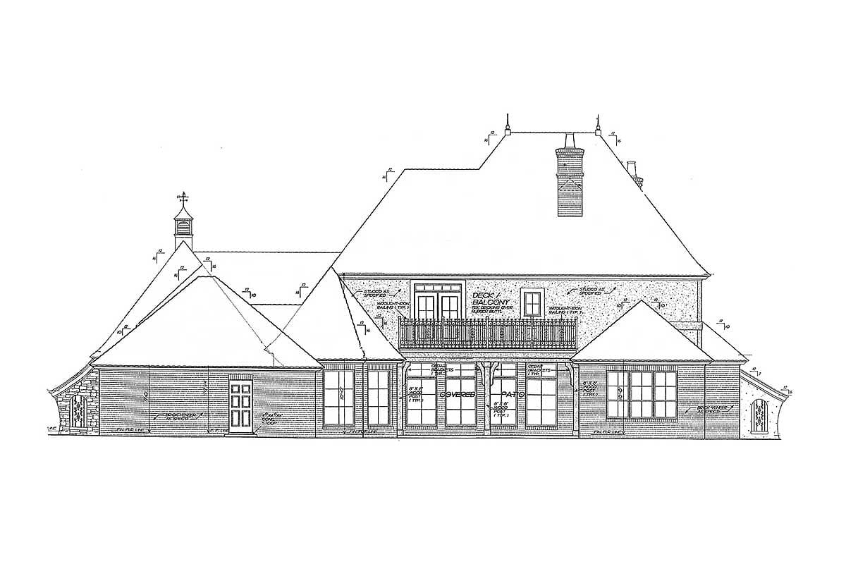 Architectural drawing of a house exterior featuring multiple gables, a cupola, dormer windows, and a deck/balcony.
