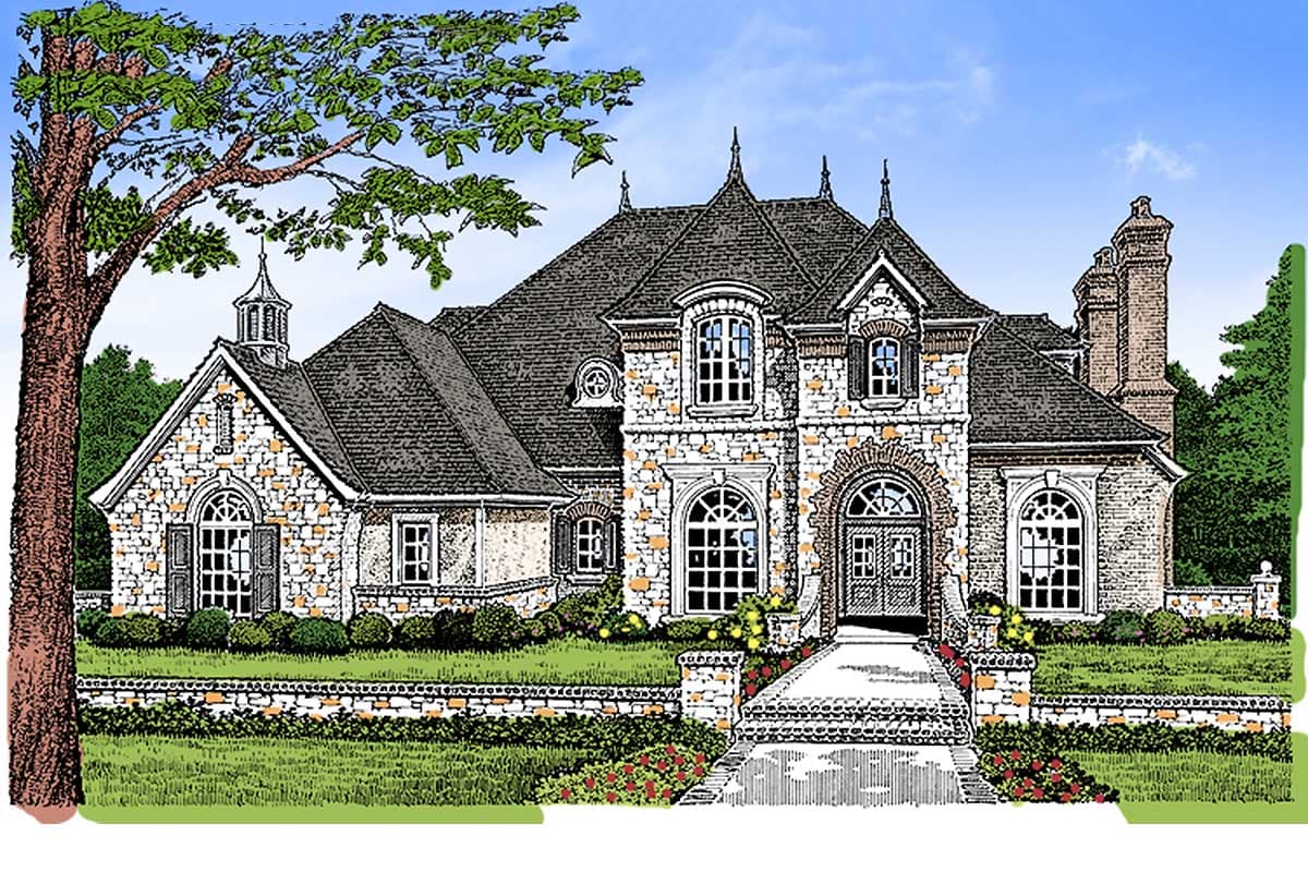 House plan exterior: Stone facade, multiple gables, arched entryway, dormers, and a cupola.