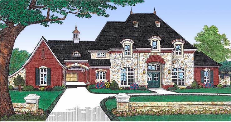 House plan exterior with brick and stone facade, steep mansard roof, arched entryway, and attached garage.