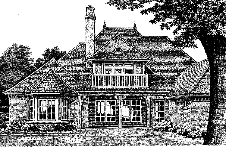 House plan exterior with steep gables, prominent chimney, dormer, and second-story balcony with railing.