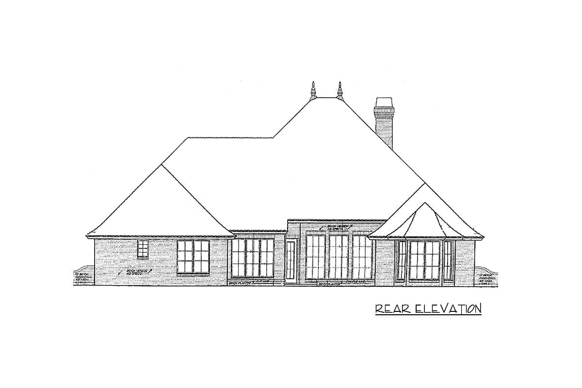 Rear elevation drawing of a house plan with a prominent hip roof, multi-pane windows, and a bay window.