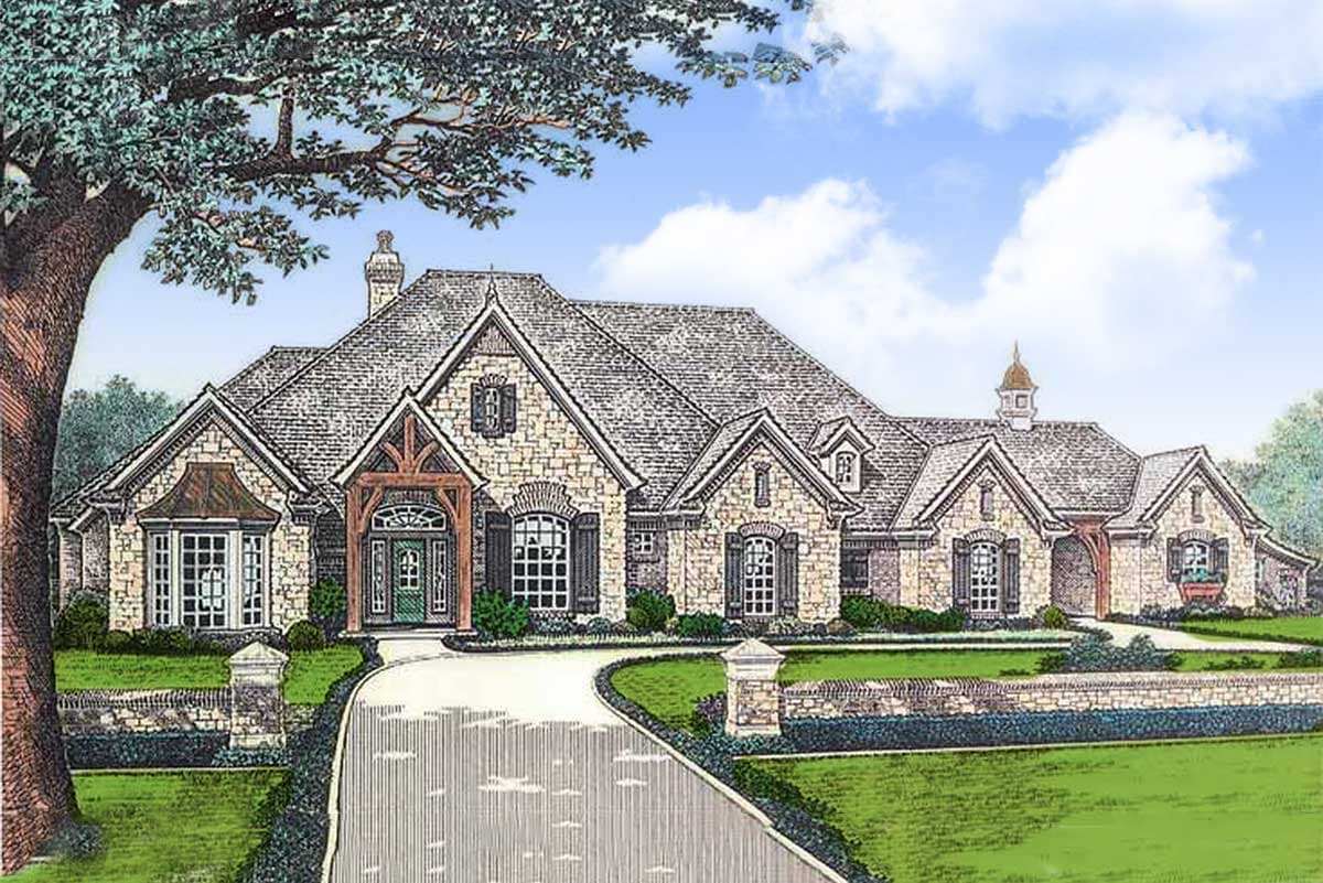 House plan exterior of a two-story stone home with multiple gables, a prominent entry porch with timber detailing, and a cupola.