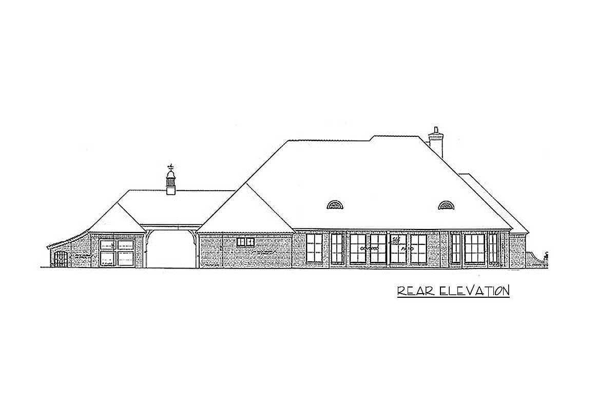 Rear elevation drawing of a one-story house with a courtyard entrance, multiple gables, dormers, and a patio.