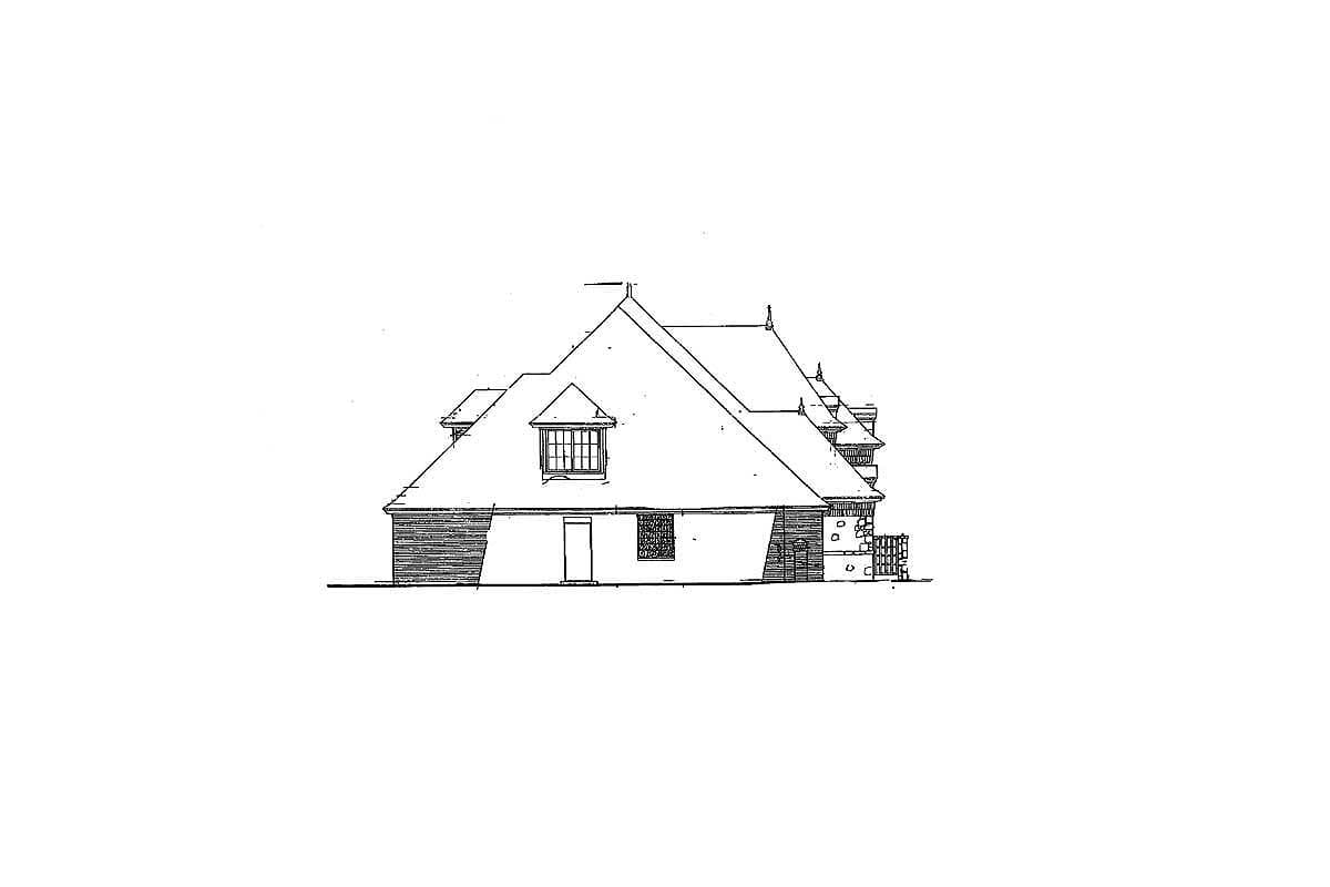 Exterior elevation drawing of a house with a dormer window, multi-level rooflines, and stone base.
