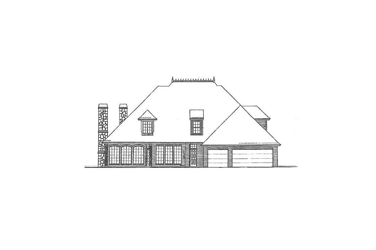 House plan exterior: large dwelling with multi-pitched roof, stone chimneys, numerous arched and grid windows, and a three-car garage.