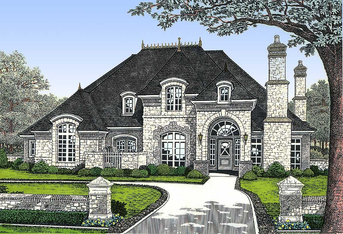 French Provincial style house plan exterior with Mansard roof, stone facade, arched entry, and double chimneys.