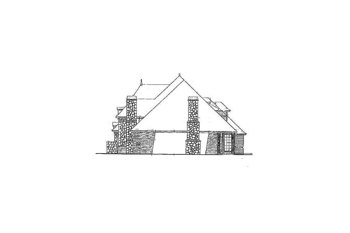 House plan exterior drawing featuring a prominent roofline, two stone chimneys, and wood siding detail.
