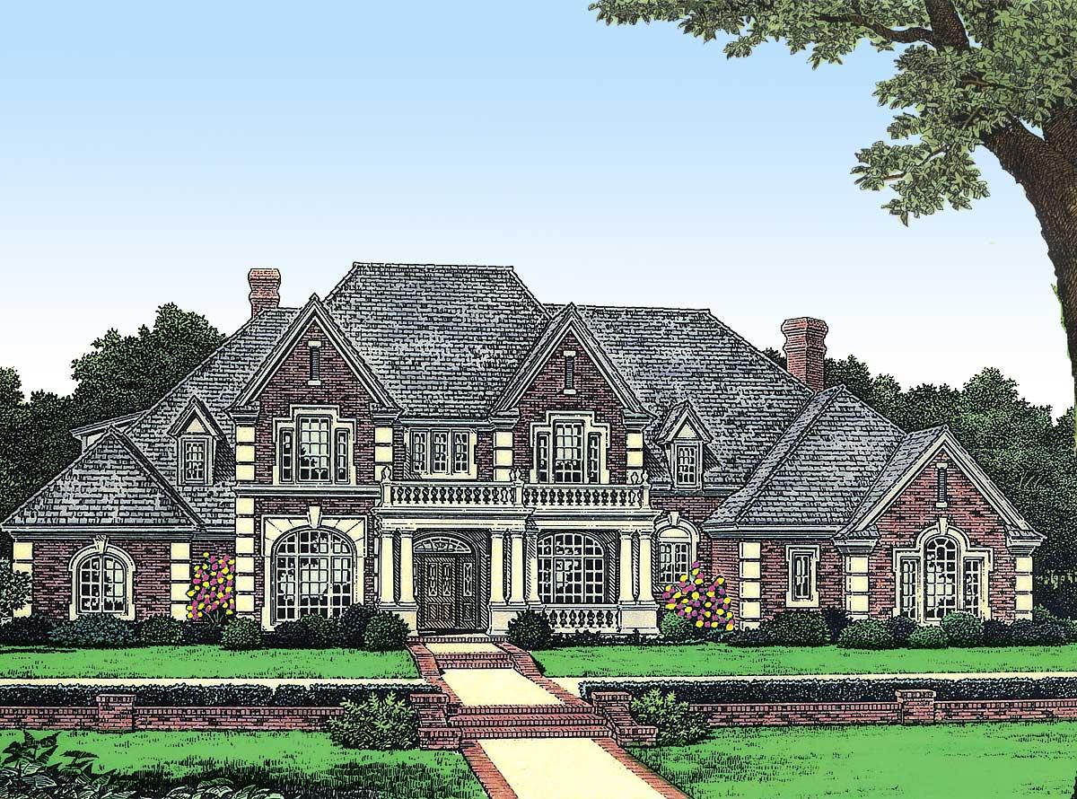 House plan exterior: Two-story brick home with multiple gables, arched windows, a covered balcony, and decorative dormers.