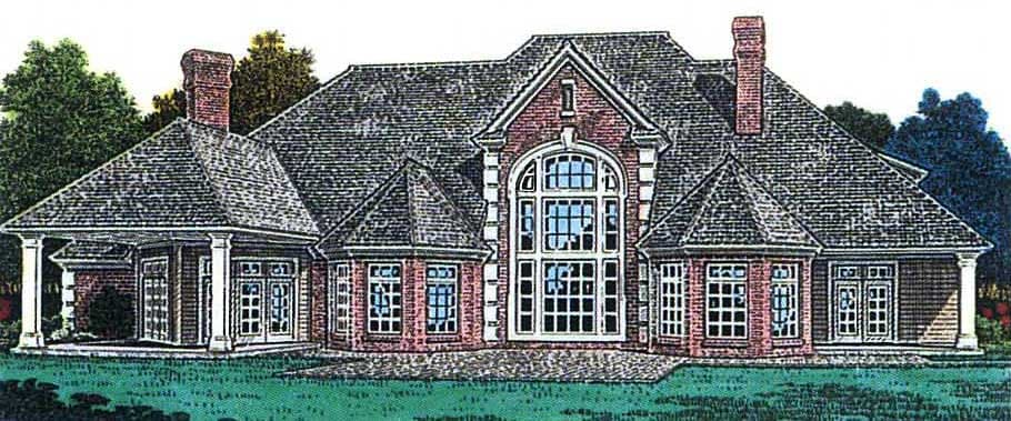 House plan exterior: Two-story traditional home with brick facade, multiple gables, arched windows, and a covered portico.