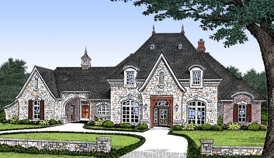 House plan exterior: French Provincial style, stone and brick facade, steeply pitched roof, dormers, and arched entryway.