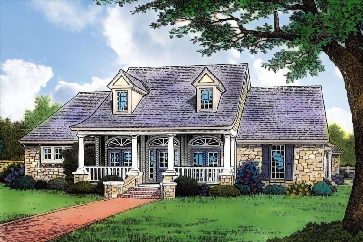 House plan exterior with stone facade, full-width porch with columns, dormer windows, and a shingled roof.