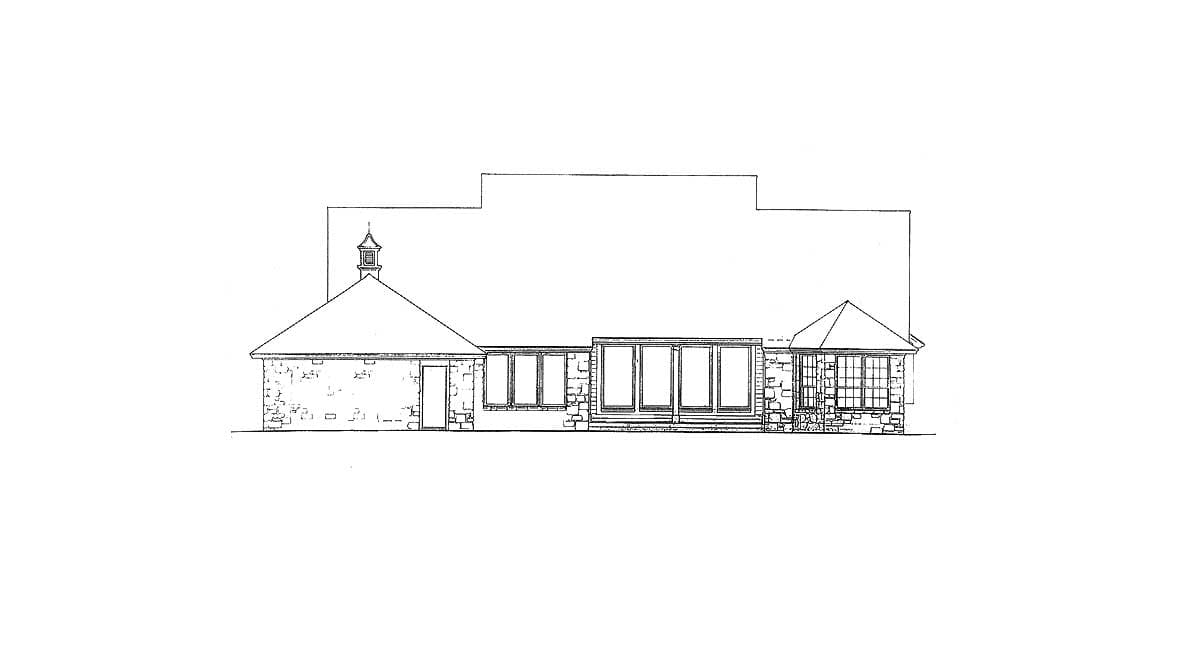 House plan exterior drawing shows a single-story residence with a steeply pitched roof, multiple gables, and a prominent sunroom with large windows.