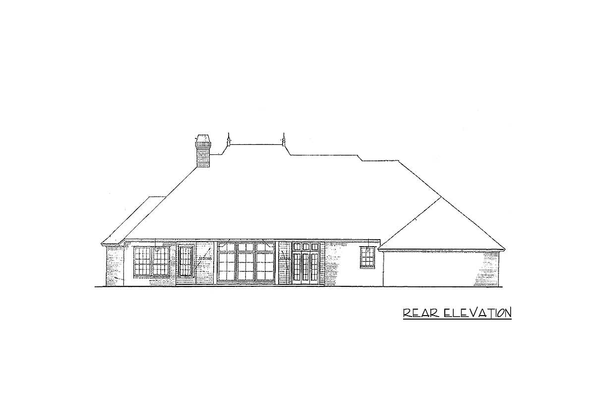 Rear elevation drawing of a house plan with a prominent hip roof, multiple windows, French doors, and a chimney.