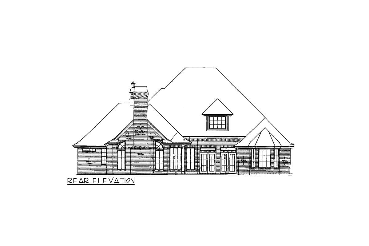 Rear elevation drawing of a house plan with a prominent chimney, multiple windows, and a dormer.