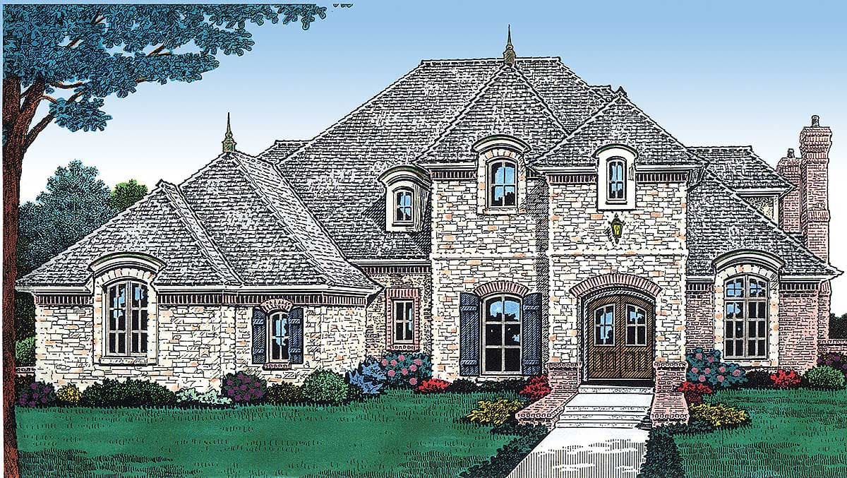 House plan exterior of a two-story French Country home with stone facade, steep rooflines, dormers, and a prominent brick chimney.