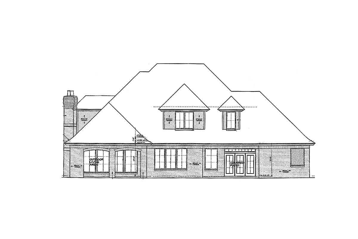 House plan exterior drawing with a large hip roof, dormers, chimney, and arched and rectangular windows.