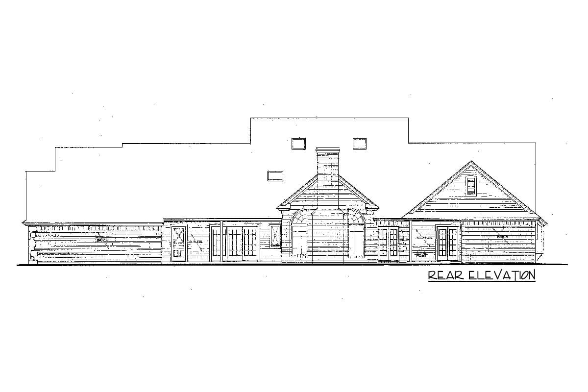 Rear elevation house plan drawing showing a multi-story structure with gabled roofs, a prominent chimney, and numerous doors and windows.