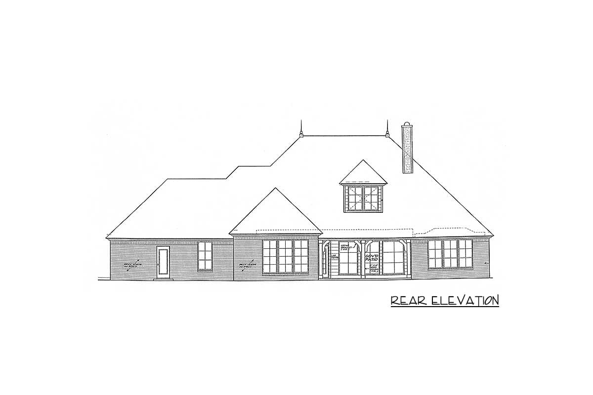 Rear elevation drawing of a house plan featuring a dormer, chimney, and covered patio.