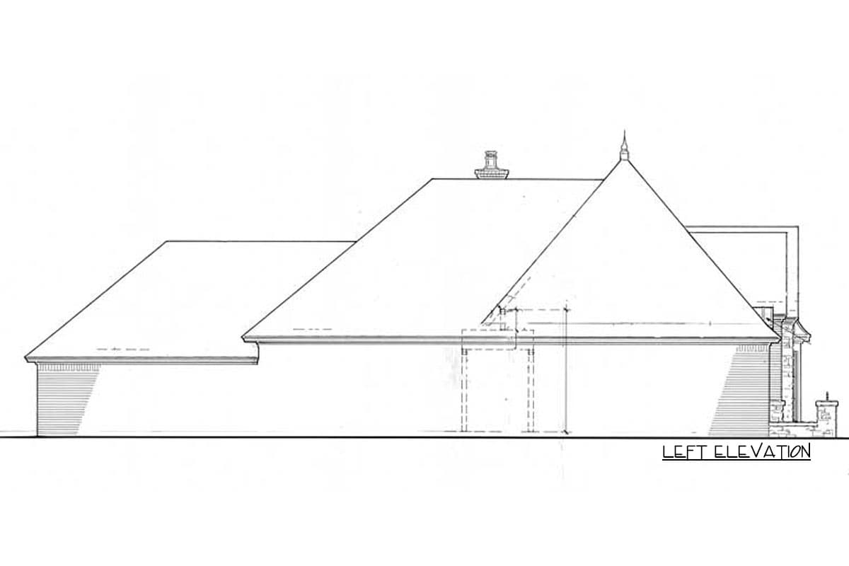 Left elevation drawing of a house plan featuring varied rooflines, a chimney, and stone detailing.