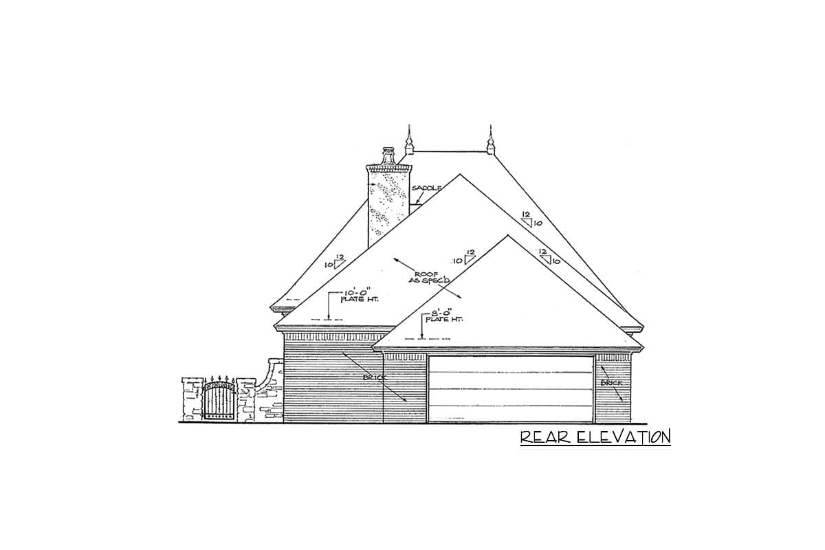 Rear elevation drawing showing a house plan with a brick exterior, gabled roof, and a two-car garage.