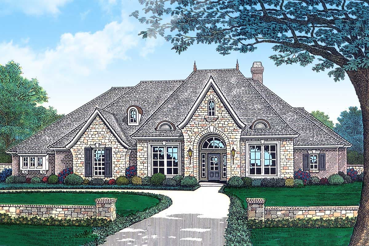 House plan exterior: One-story home with stone and brick facade, arched entry, multiple gables, and dormer windows.