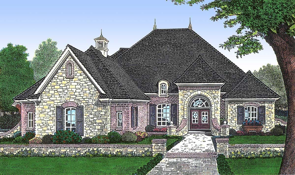 House plan exterior: Stone and brick exterior with steeply pitched dark roof, arched entryway, dormer, and cupola.