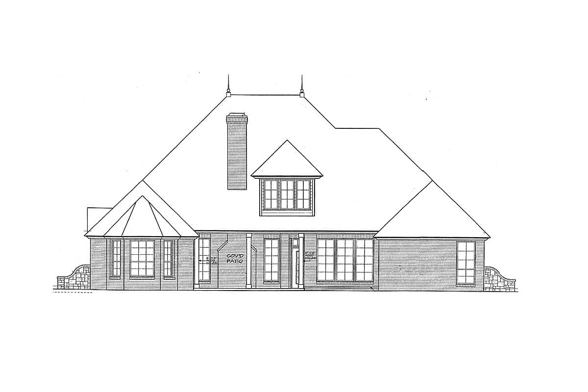 House plan exterior drawing showing a multi-story home with prominent rooflines, a central chimney, bay windows, and a covered patio.