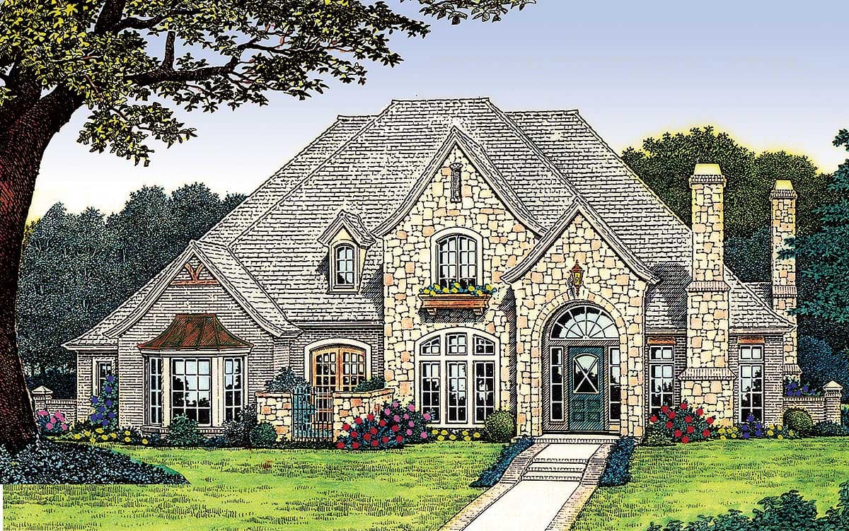 House plan exterior: stone facade, steep gabled roof, arched entry, dormers, and twin chimneys.