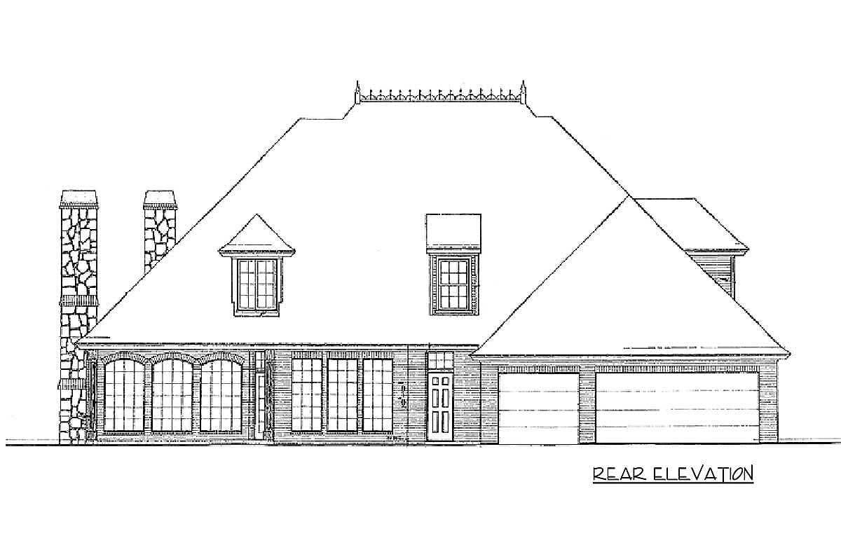 Rear elevation drawing of a house plan with dormer windows, arched window group, and a two-car garage.