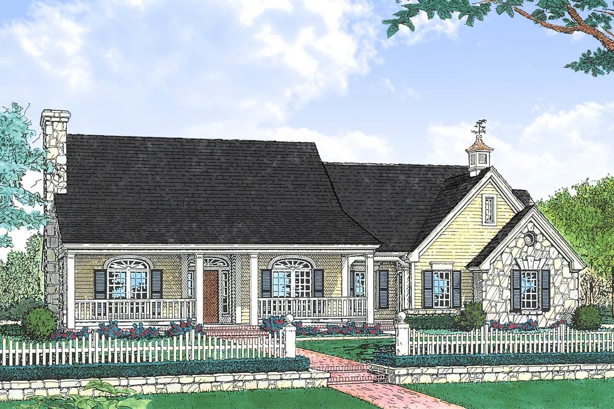 House plan exterior of one-story home with wide wrap-around porch, stone chimney, dormer, and gabled roof.