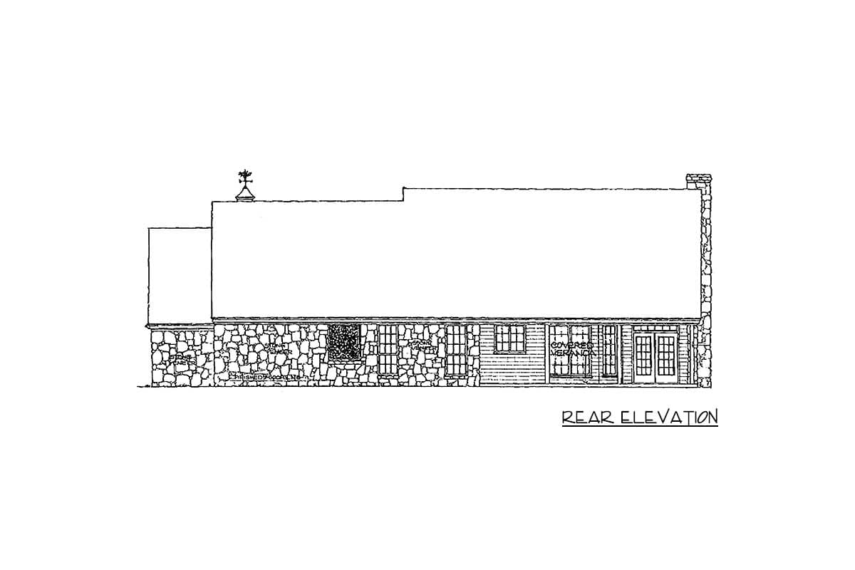 Rear elevation drawing of a house plan with stone foundation, windows, and a covered veranda with double doors.