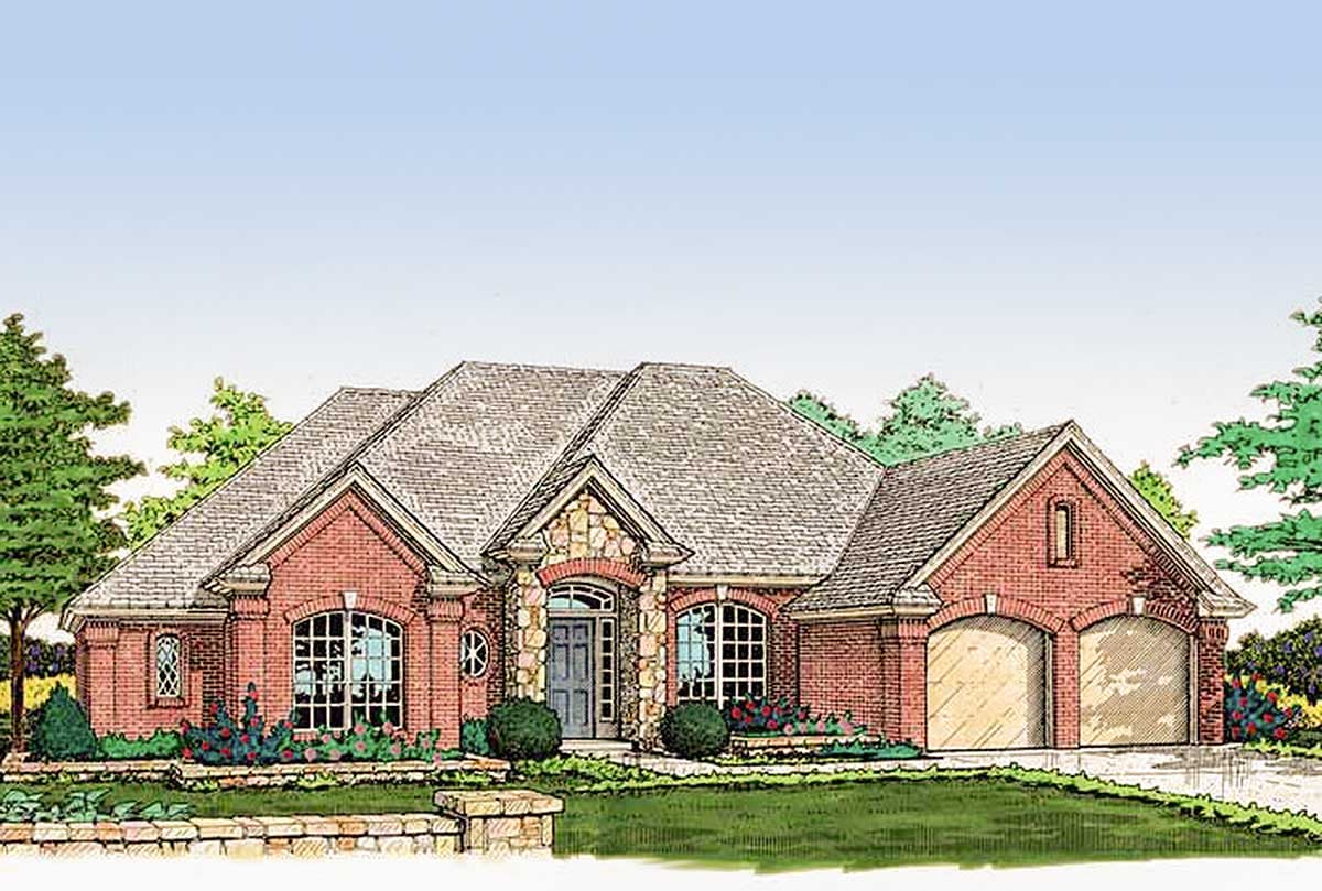 House plan exterior of a one-story brick home with a stone-accented entrance, arched windows, and a side-facing two-car garage.